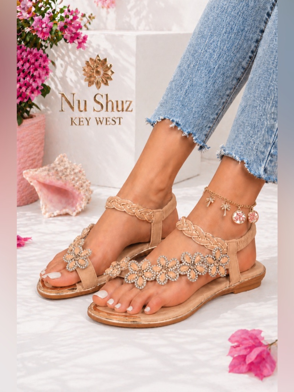 Italina Peach Floral‎ Rhinestone Embellished Gold Woven Braid Flat Sandal